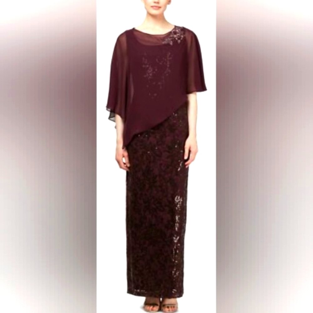 SLNY Burgundy Maxi Dress with Elegant Cape Design